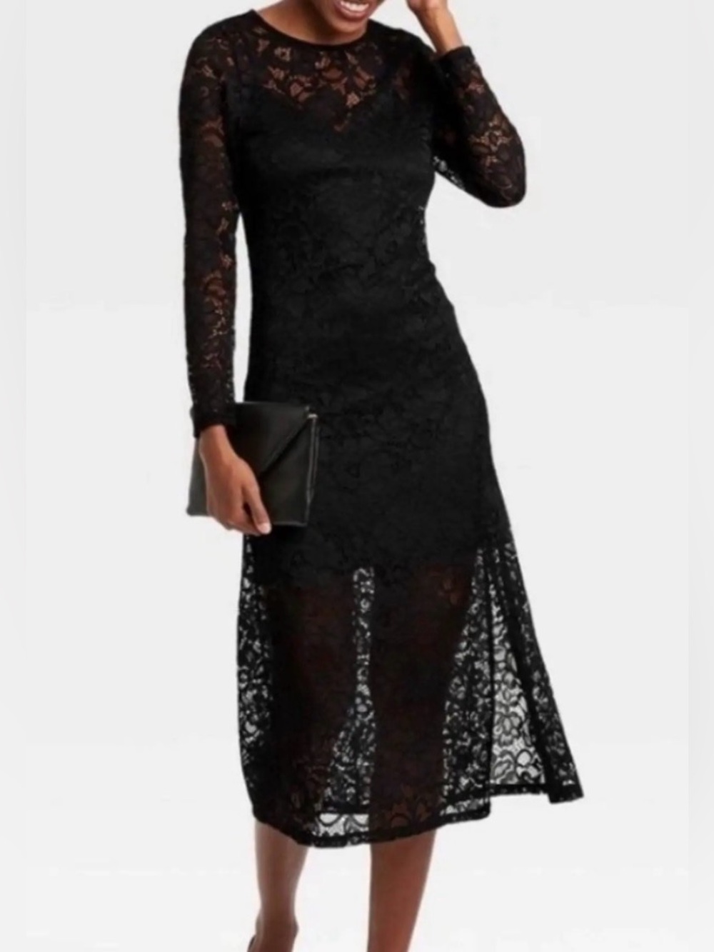 A New Day Black Floral Lace Long Sleeve Midi Dress Womens Size Large NWT